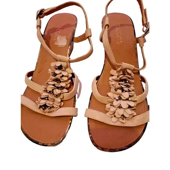 Staccato Wedges Cream Leather Buckle Open Toe Comfortable Belle 6 Floral Casual - Picture 1 of 9